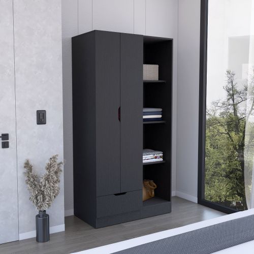 Memphis Wardrobe Armoire with 4-Tier Storage Shelves and 1 Drawer Black Memphis Wardrobe Armoire with 4-Tier Storage Shelves and 1 Drawer Black